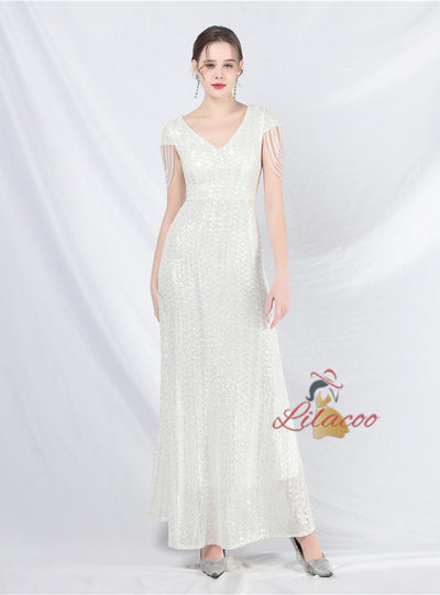 V-neck Sequins Cap Sleeve Beading Prom Dress