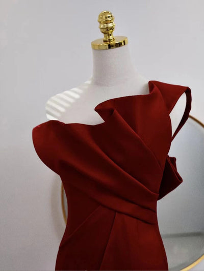 Burgundy One Shoulder Pleats Split Prom Dress