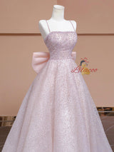 Pink Sequins Spaghetti Straps Prom Dress With Bow