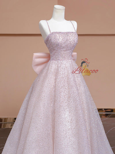 Pink Sequins Spaghetti Straps Prom Dress With Bow