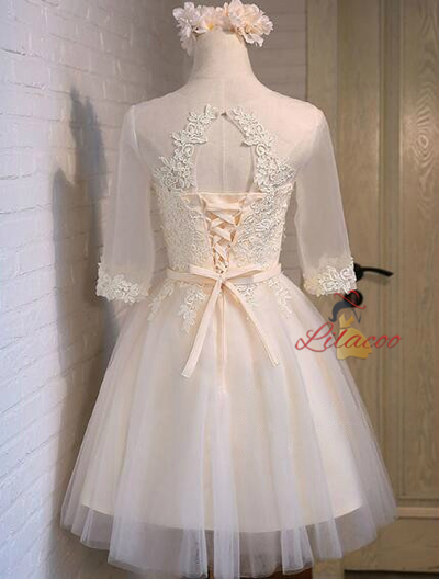 Light Yellow Lace Short Sleeve Homecoming Dress