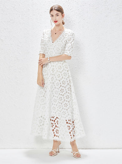 V-neck Short Sleeve Waist Hollow Dress