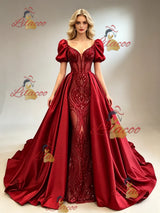 Red Sequins Satin Puff Sleeve Prom Dress