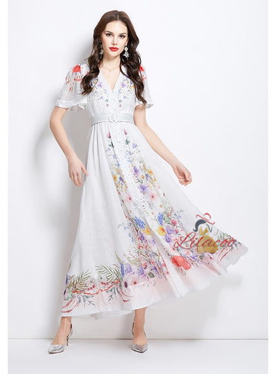 Flower Short Sleeve Retro Long Dress