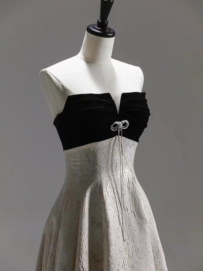 Silver Strapless Black Velvet Prom Dress