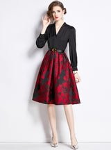 Bubble Sleeve V-neck Jacquard Big Swing Dress