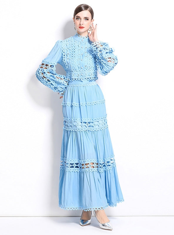 Retro Long Sleeve Lace Top Skirt Suit