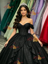 Black Sequisn Off the Shoulder Quinceanera Dress