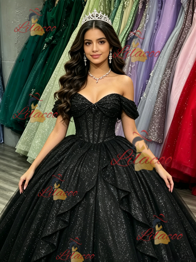 Black Sequisn Off the Shoulder Quinceanera Dress
