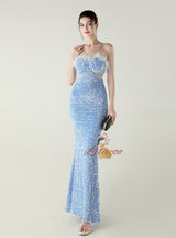 Black Sequins Spaghetti Straps Feather Prom Dress