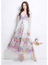 Palace Deep V-neck Lace Horn Sleeve Button Printed Dress