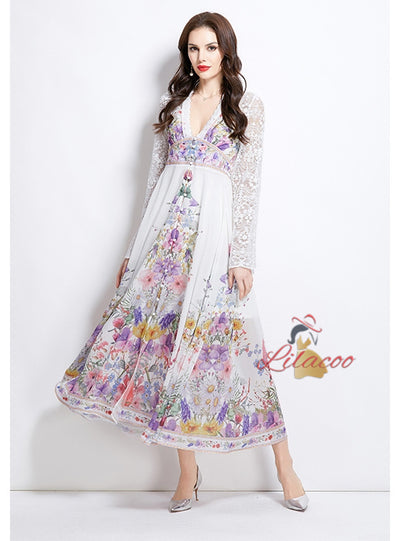 Palace Deep V-neck Lace Horn Sleeve Button Printed Dress