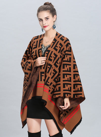Letter Jacquard Tassel Knitted Shawl Cloak