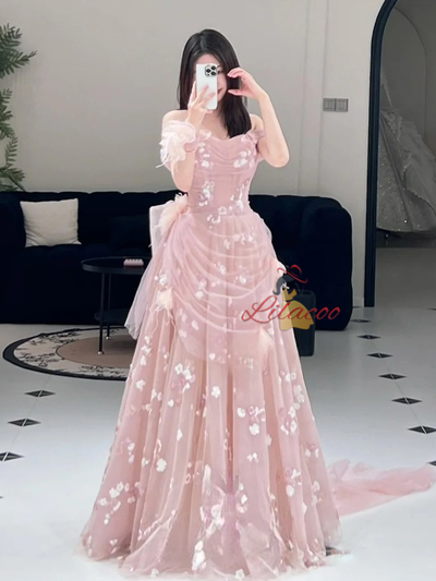 Pink Tulle Sequins Pleats Prom Dress