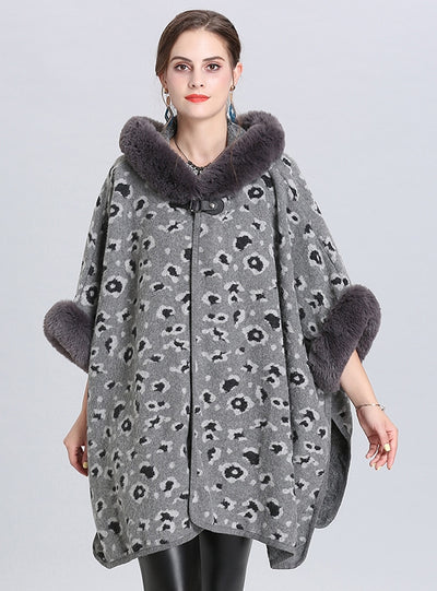 Loose Leopard Print Hooded Knitted Cloak Shawl Coat