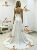 White Chiffon Pleats Straps Wedding Dress
