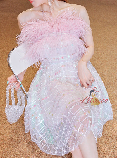 Pink Sequins Strapless Feather Prom Dress