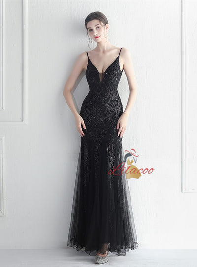 Spaghetti Straps Tulle Sequins Prom Dress