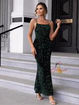 Dark Green Sequins Straps Split Prom Dress