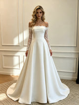 White Satin Lace Long Sleeve Wedding Dress