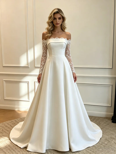 White Satin Lace Long Sleeve Wedding Dress