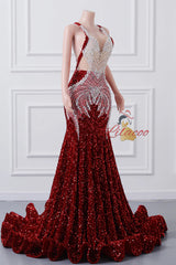 Burgundy Mermaid Sequins Prom Dress