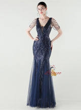 Mermaid Sequins Tulle V-neck Beading Prom Dress