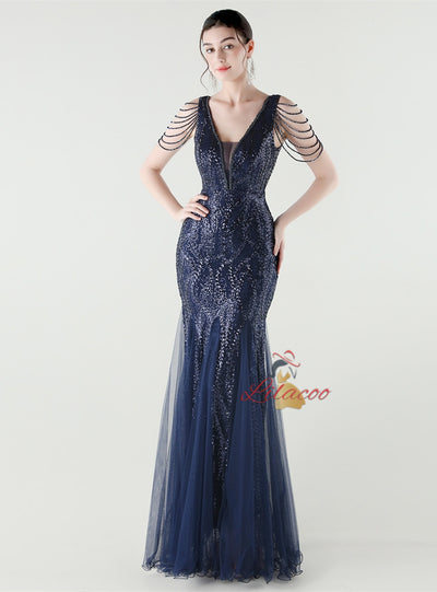 Mermaid Sequins Tulle V-neck Beading Prom Dress