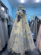 Blue Tulle Flower Strapless 3D Flower Prom Dress