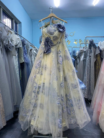 Blue Tulle Flower Strapless 3D Flower Prom Dress