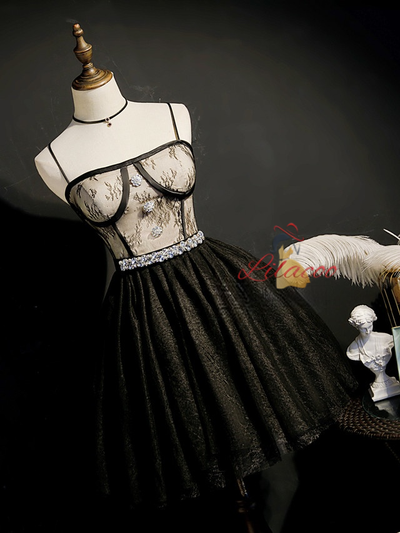 Black Tulle Lace Straps Crystal Homecoming Dress