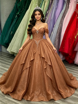 Brown Sequins Off the Shoulder Beading Quinceanera Dress