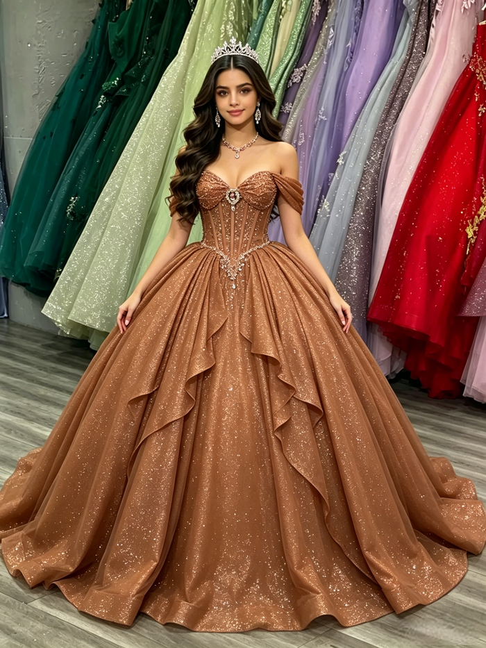 Brown Sequins Off the Shoulder Beading Quinceanera Dress