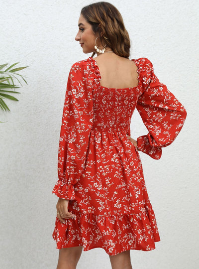 Floral Long-sleeved Mid-length Dress