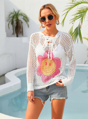 Hooded Printed Beach Holiday Long Sleeve Cover Up