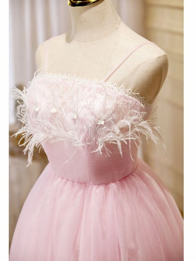 Pink Tulle Spaghetti Straps Pleats Homecoming Dress