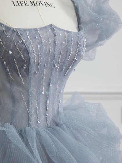 Blue Tulle Sequins Puff Sleeve Beading Prom Dress