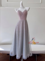 Gray Tulle Sequins Backless Prom Dress