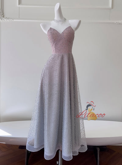 Gray Tulle Sequins Backless Prom Dress