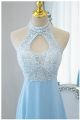 Blue Chiffon Lace Halter Beading Prom Dress