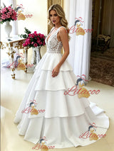 White V-neck Lace Tiers Wedding Dress