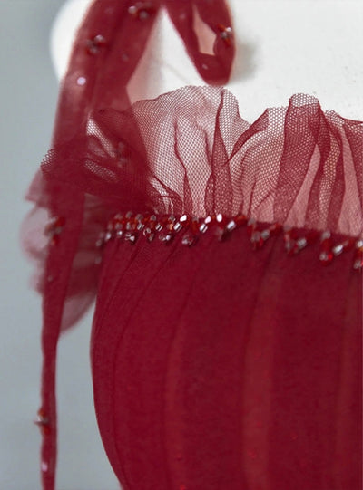 Burgundy Tulle Straps Pleats Beading Prom Dress