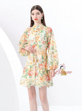 Retro Collar Breasted Print Short Dress