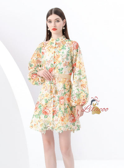 Retro Collar Breasted Print Short Dress