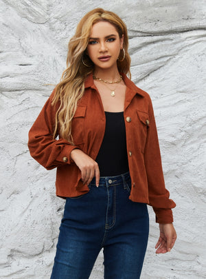 Short Corduroy Long Sleeve Solid Color Coat