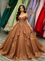 Brown Sequins Off the Shoulder Beading Quinceanera Dress