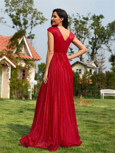 Red Deep V-neck Pleats Prom Dress