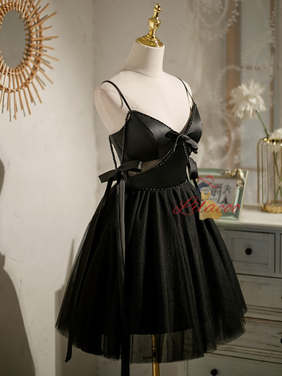 Black Tulle Satin Pearls Homecoming Dress