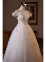 White Tulle Sequins Appliques Wedding Dress