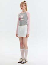 Embroidered Rabbit Long Sleeve Short T-shirt